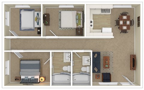 Floor plan for 3 beds, 2 baths, 1020 sqft